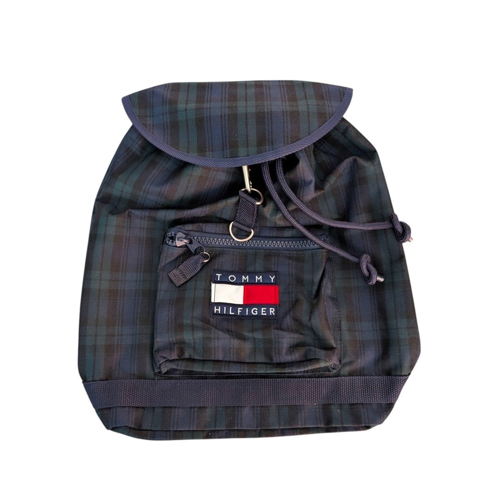 Vintage Tommy Hilfiger Spell Out Drawstring Cinch Backpack Navy Blue Green Plaid